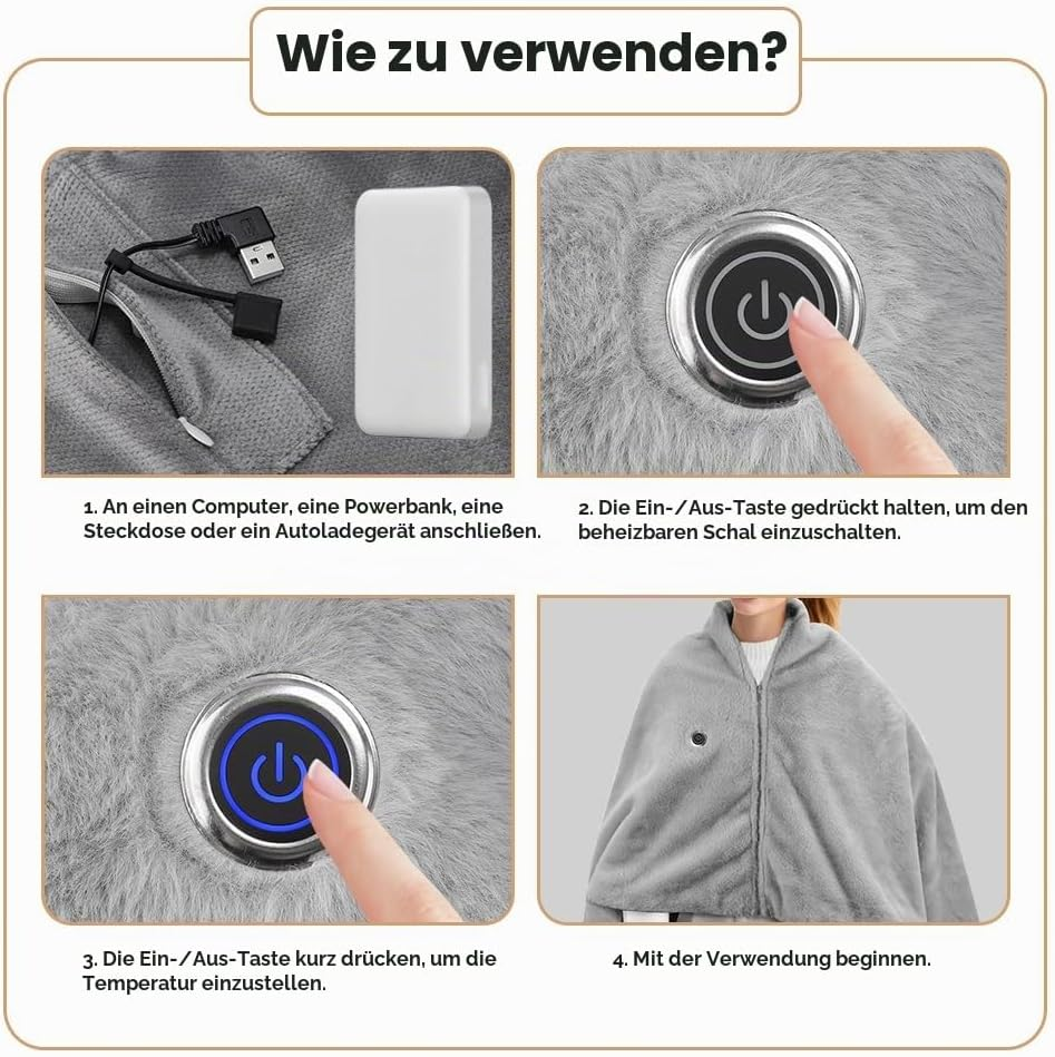 Anleitung zur Verwendung des beheizbaren Schals mit vier Schritten.