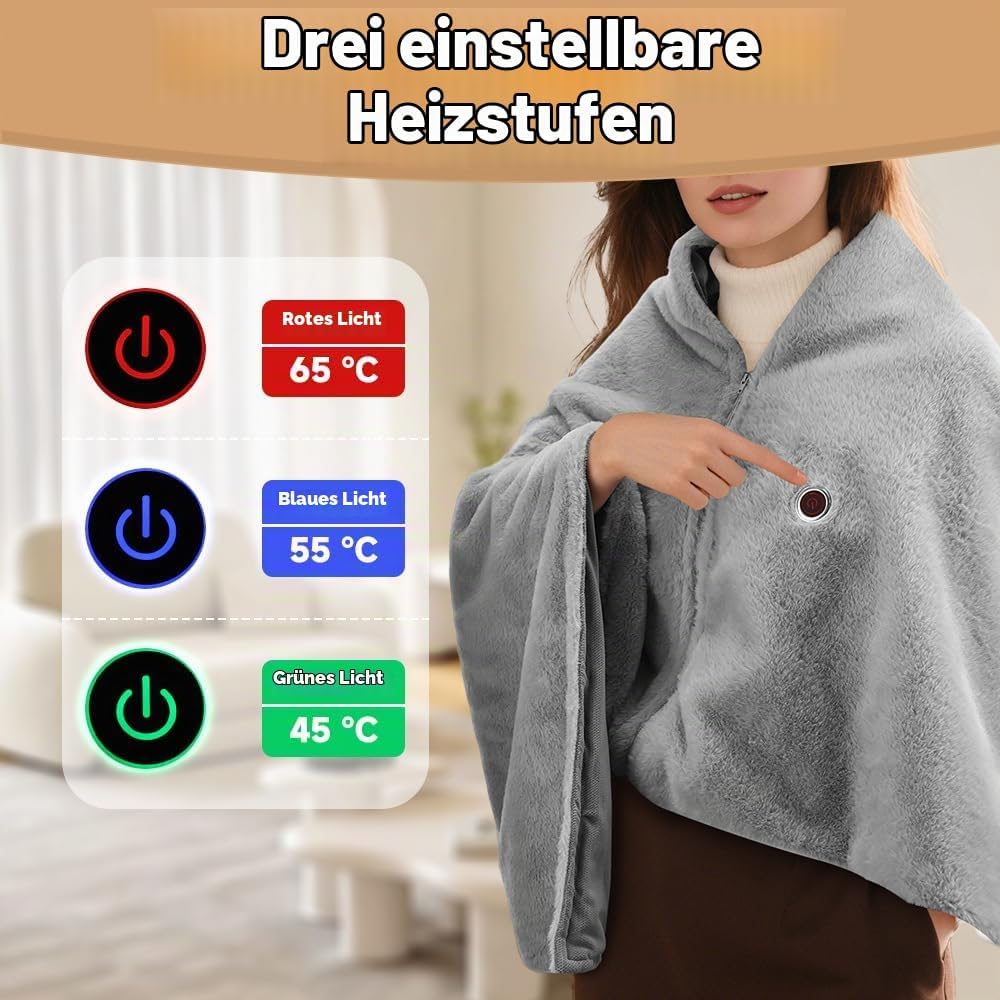 Frau trägt eine graue Heizdecke mit drei Temperaturstufen: rot 65°C, blau 55°C, grün 45°C.