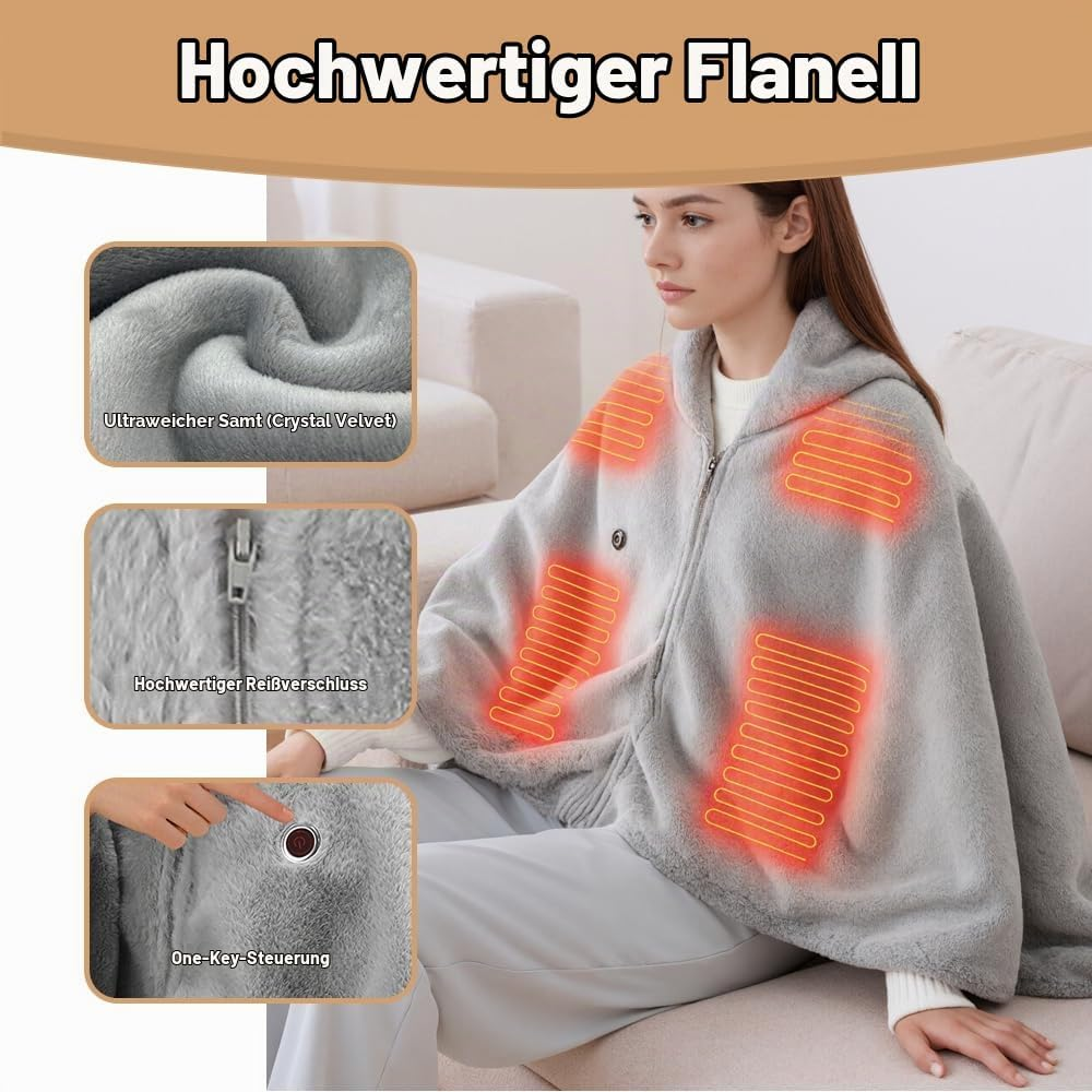 Eine Frau trägt einen beheizbaren grauen Flanellumhang mit Insets, die Textur, Reißverschluss und Steuerung zeigen.