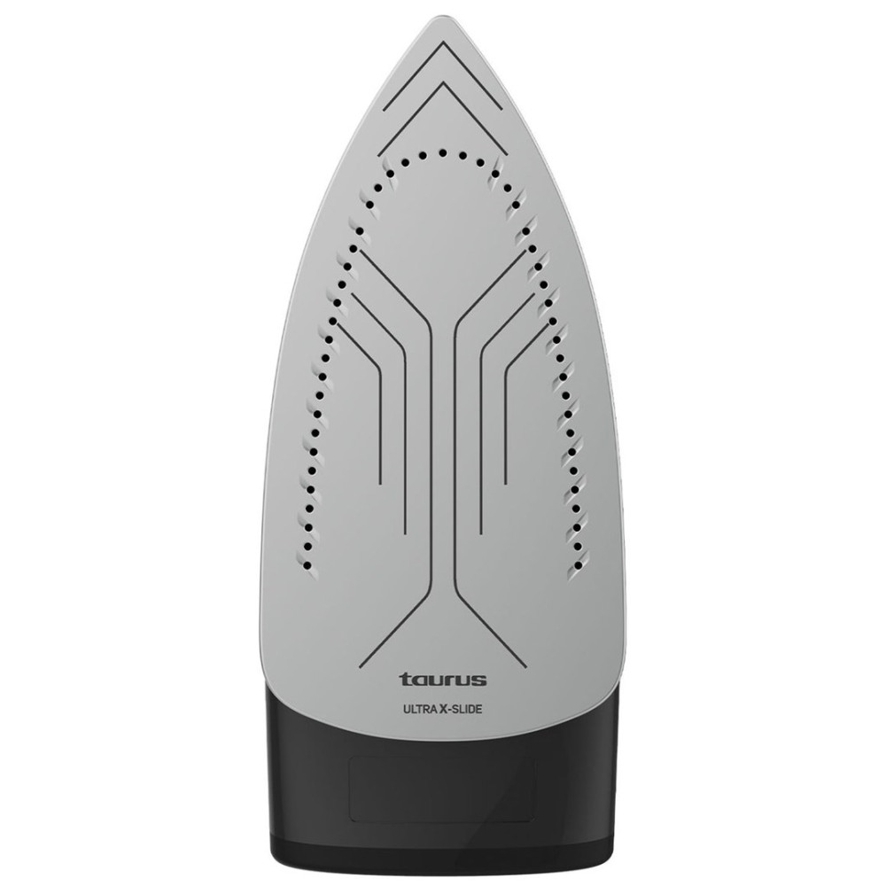 Die silberne Bügeleisensohle mit schwarzen Dampfdüsen zeigt das Taurus Ultra X-Slide Logo.