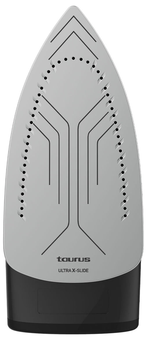 Unterseite eines silbernen und schwarzen Taurus Ultra X-Slide Bügeleisens mit Dampflöchern.