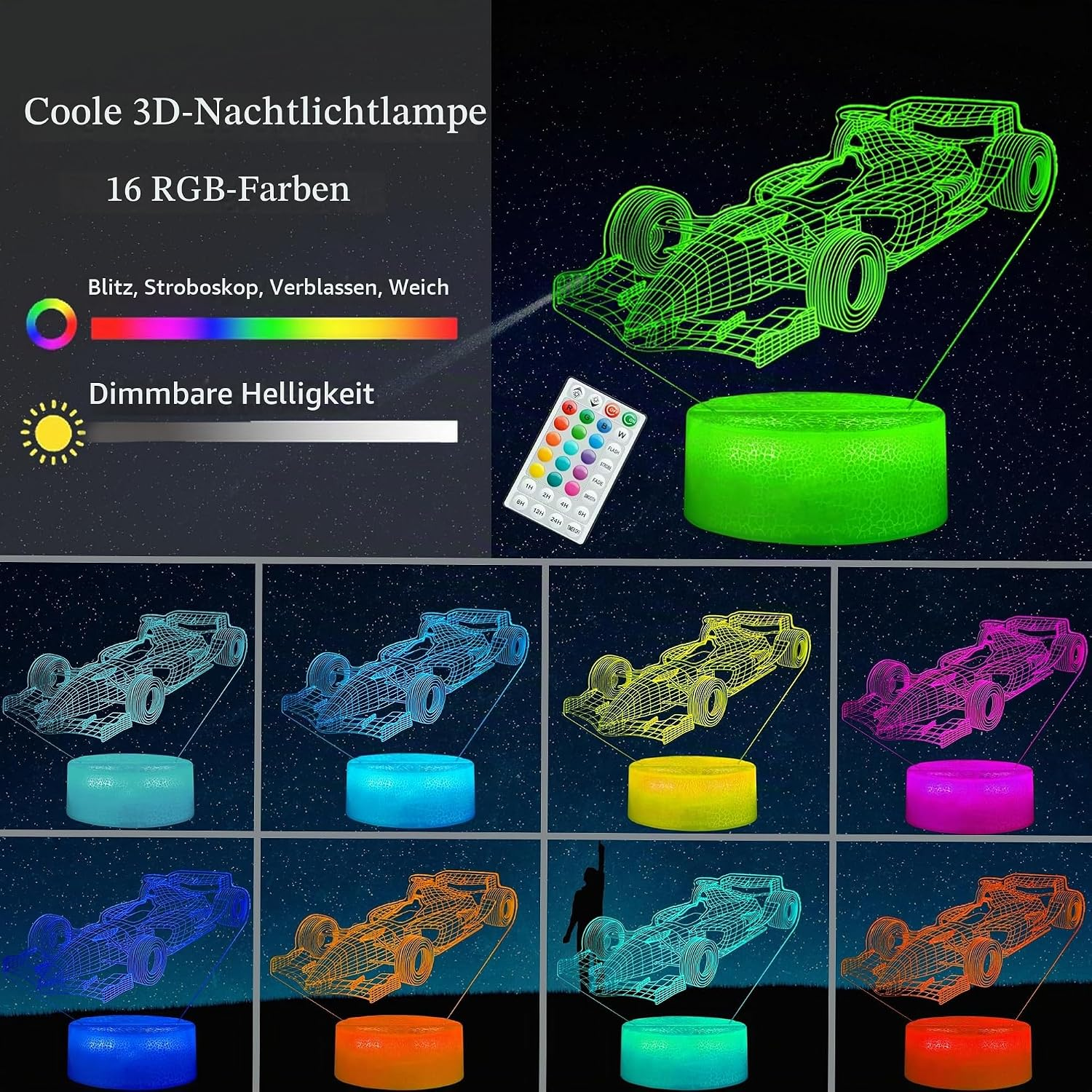 3D-Nachtlichtlampe in Rennwagen-Form mit 16 RGB-Farben, Fernbedienung und einstellbarer Helligkeit.