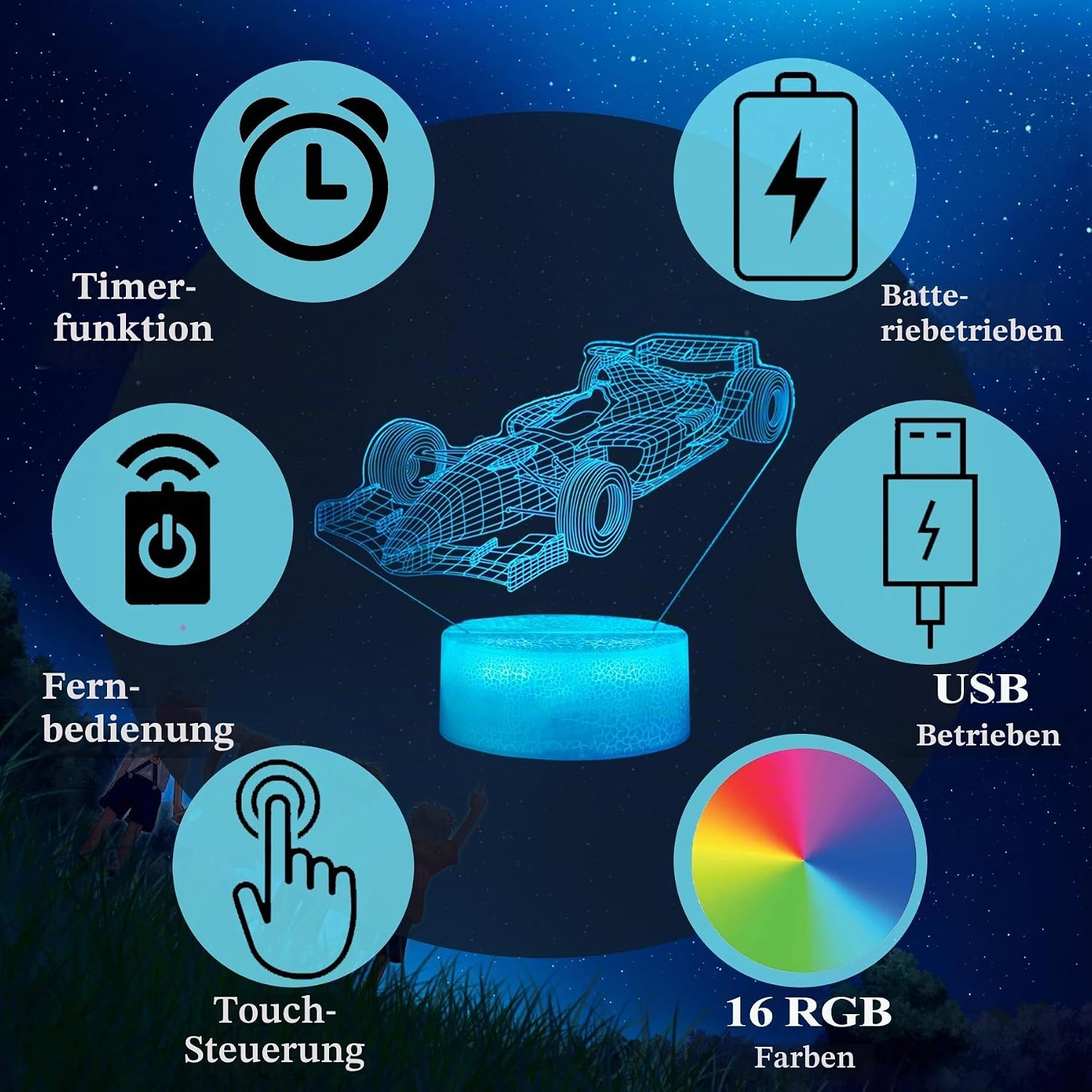3D-Rennwagen-Lampe mit Timer, Batterie, USB, Fernbedienung, Touch und 16 RGB-Farben.