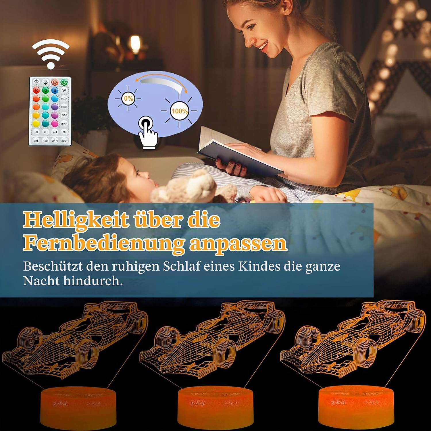 Frau liest Kind im Bett vor, neben Fernbedienung und 3D-Rennwagen-Lampe.