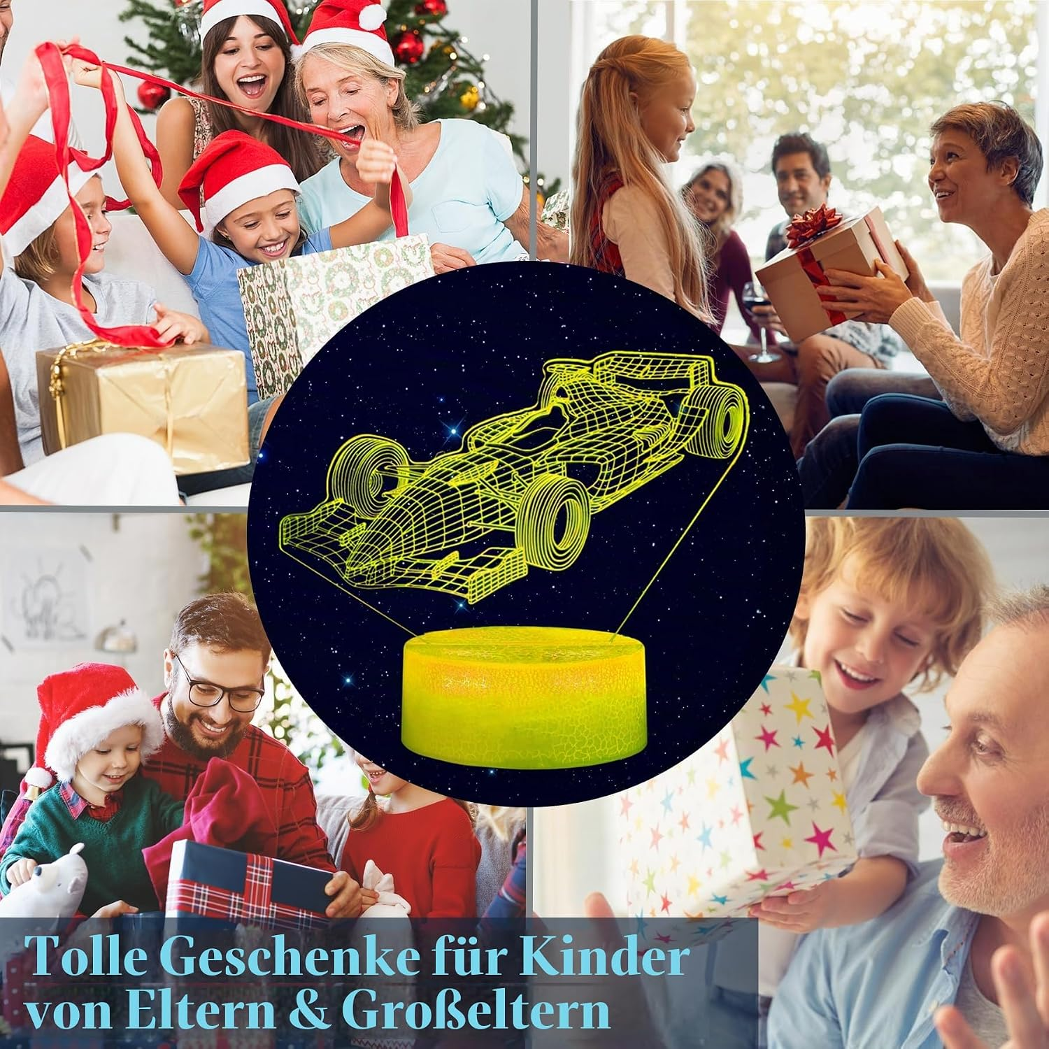 Eine Familie feiert Weihnachten mit Geschenken, in der Mitte leuchtet eine 3D-Rennwagen-Lampe.