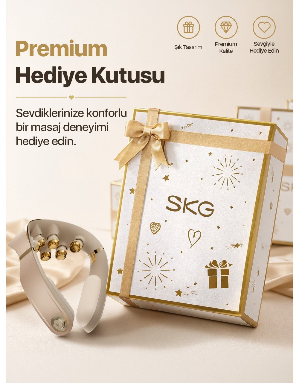 Bej arka planda altın kurdeleli bir SKG hediye kutusu ve boyun masaj aleti.