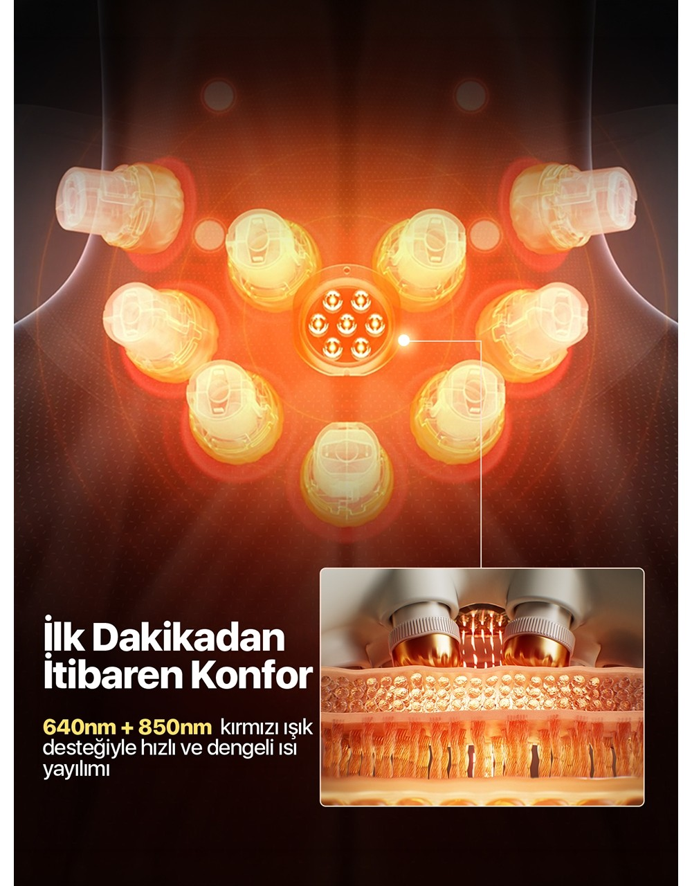 Kırmızı ışık terapi düğümleri olan tıbbi cihazın insan boynundaki illüstrasyonu.