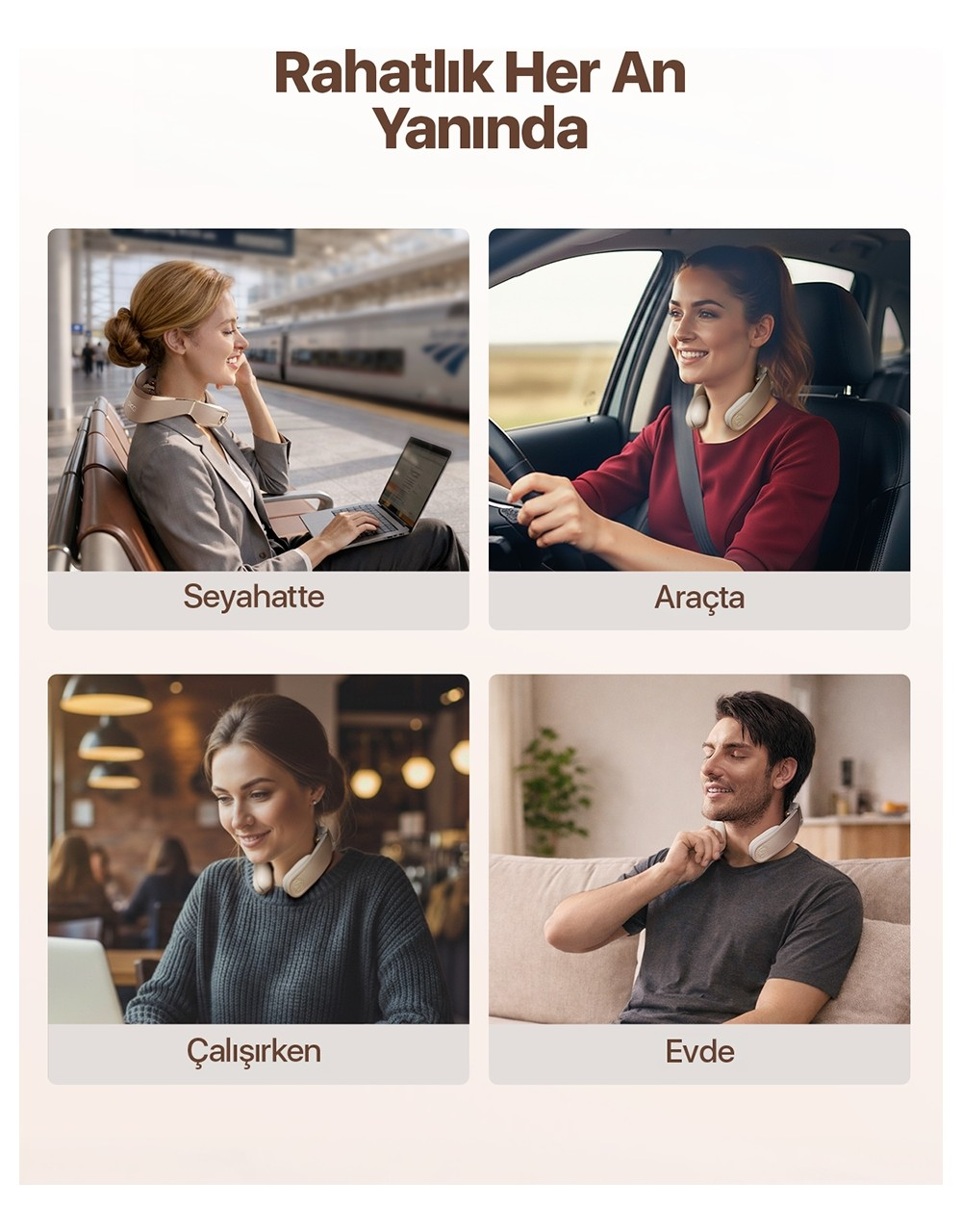 Seyahat ederken, araba sürerken, çalışırken ve evde dinlenirken boyun hoparlörü takan dört kişi.