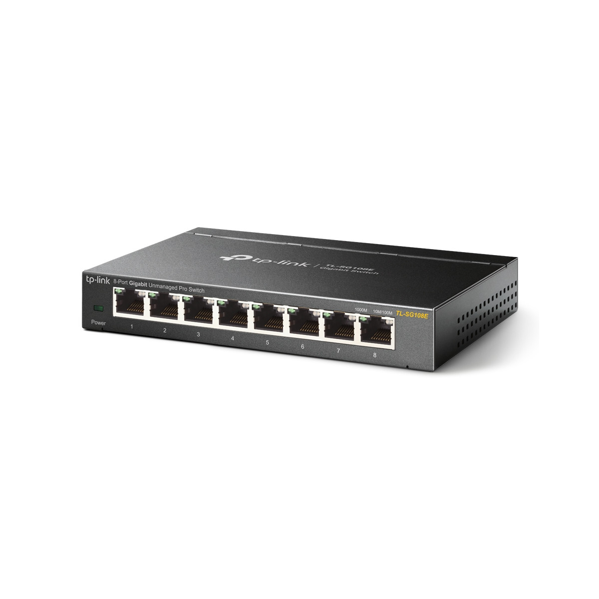 Ein schwarzer TP-Link 8-Port Gigabit Switch mit RJ45-Anschlüssen auf einer weißen Oberfläche.