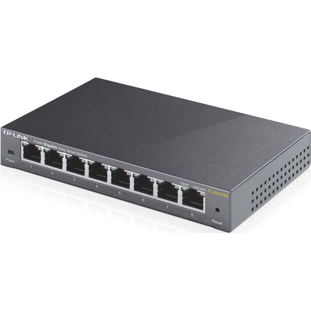 Ein schwarzer TP-Link 8-Port Gigabit Switch mit LEDs und Ethernet-Anschlüssen.