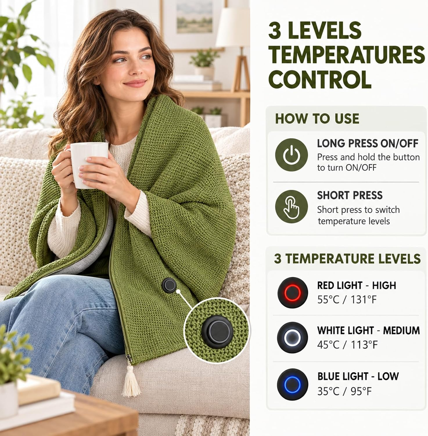 Eine Frau in einer grünen Strickjacke hält eine Tasse, daneben Anweisungen zur 3-Stufen-Temperaturregelung.
