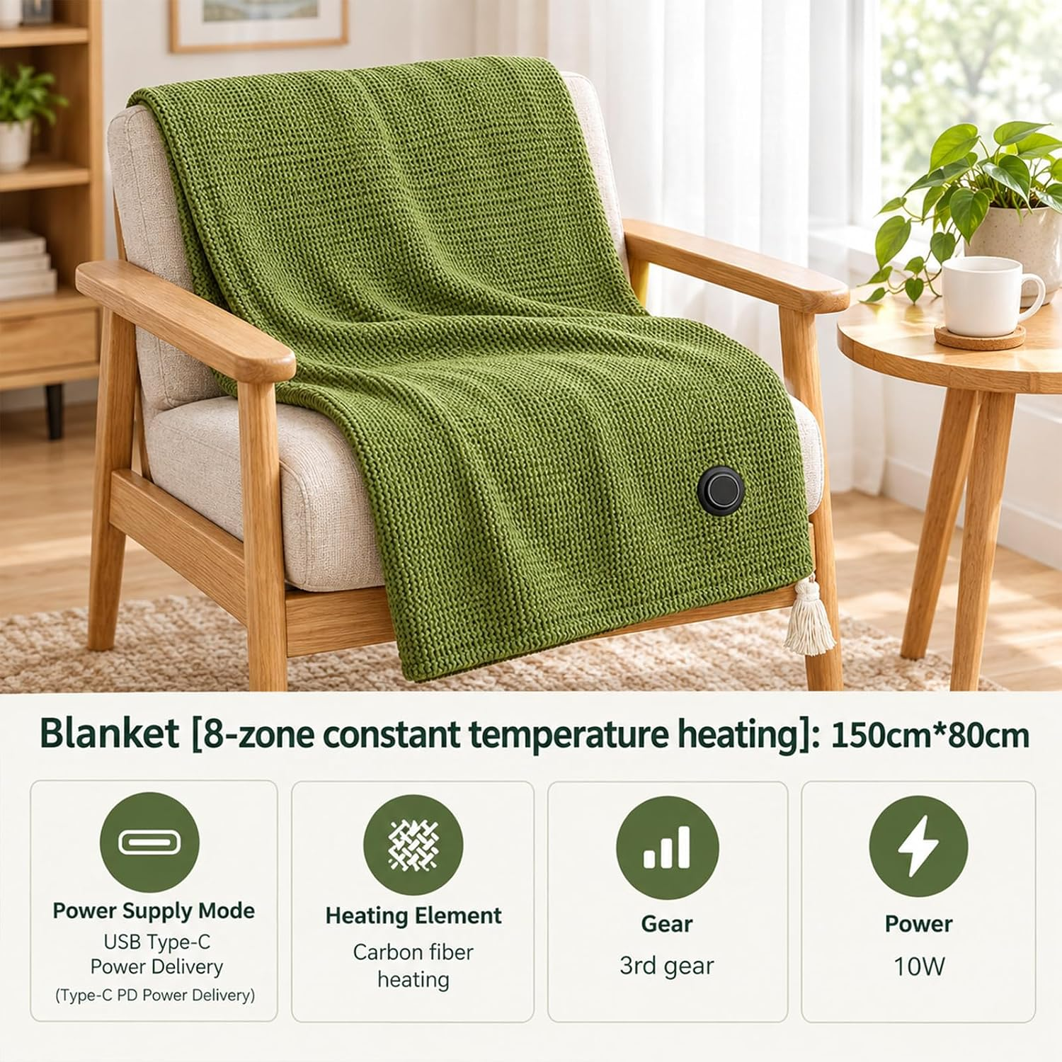 Eine grüne, gestrickte Heizdecke über einem Holzsessels mit Produktspezifikationssymbolen unten.