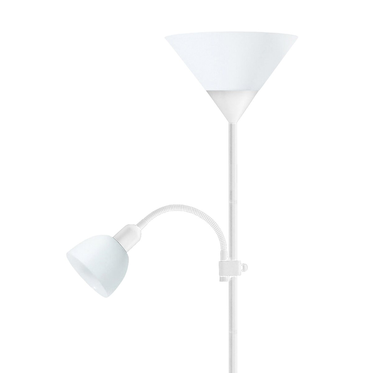 Eine weiße Stehlampe mit einem großen Hauptschirm und einem verstellbaren Lesearm auf weißem Hintergrund.