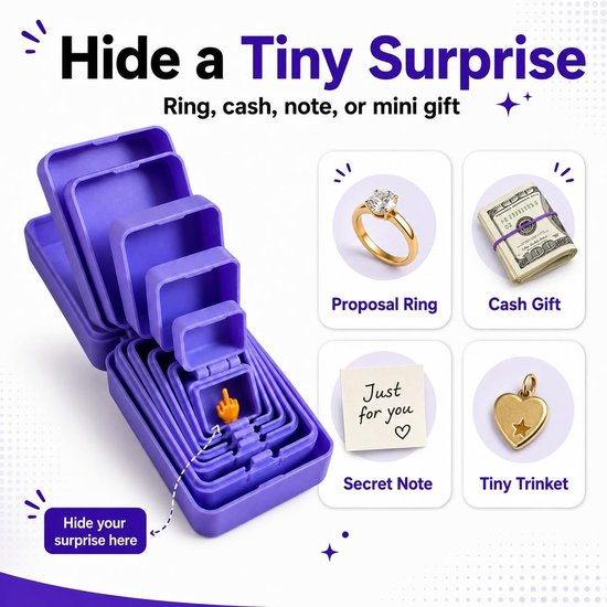 Ineinandergesteckte lila Schachteln zeigen eine winzige Mittelfinger-Figur, neben Beispielen für Ringe und Geld.