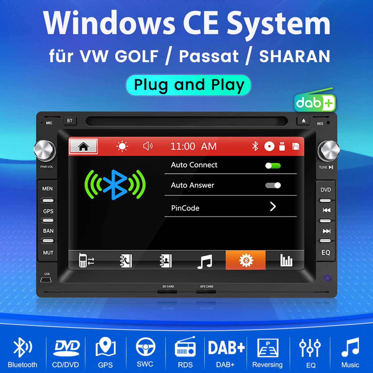 Ein Autoradio für VW mit Windows CE, Touchscreen und Bluetooth-Menü.
