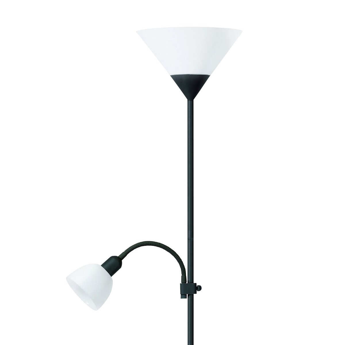 Eine schwarze Stehlampe mit großem weißen Schirm und verstellbarer Leselampe an einem flexiblen Arm.