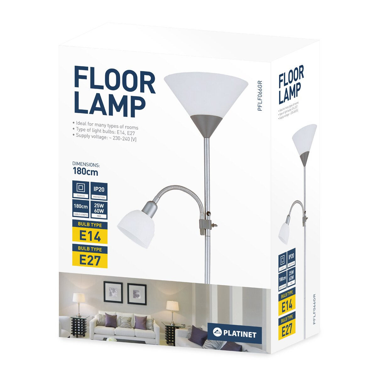 Produktkarton für eine Platinet Stehlampe mit Maßen, Leuchtmittelarten und einem Bild im Wohnzimmer.