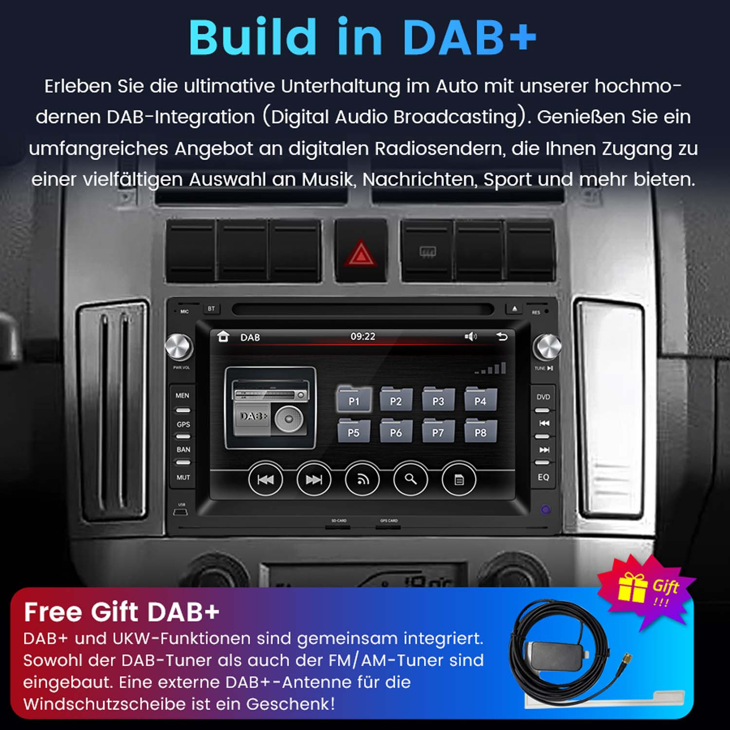 Autoradio mit DAB+ Integration und deutscher Produktbeschreibung sowie gratis Antenne.