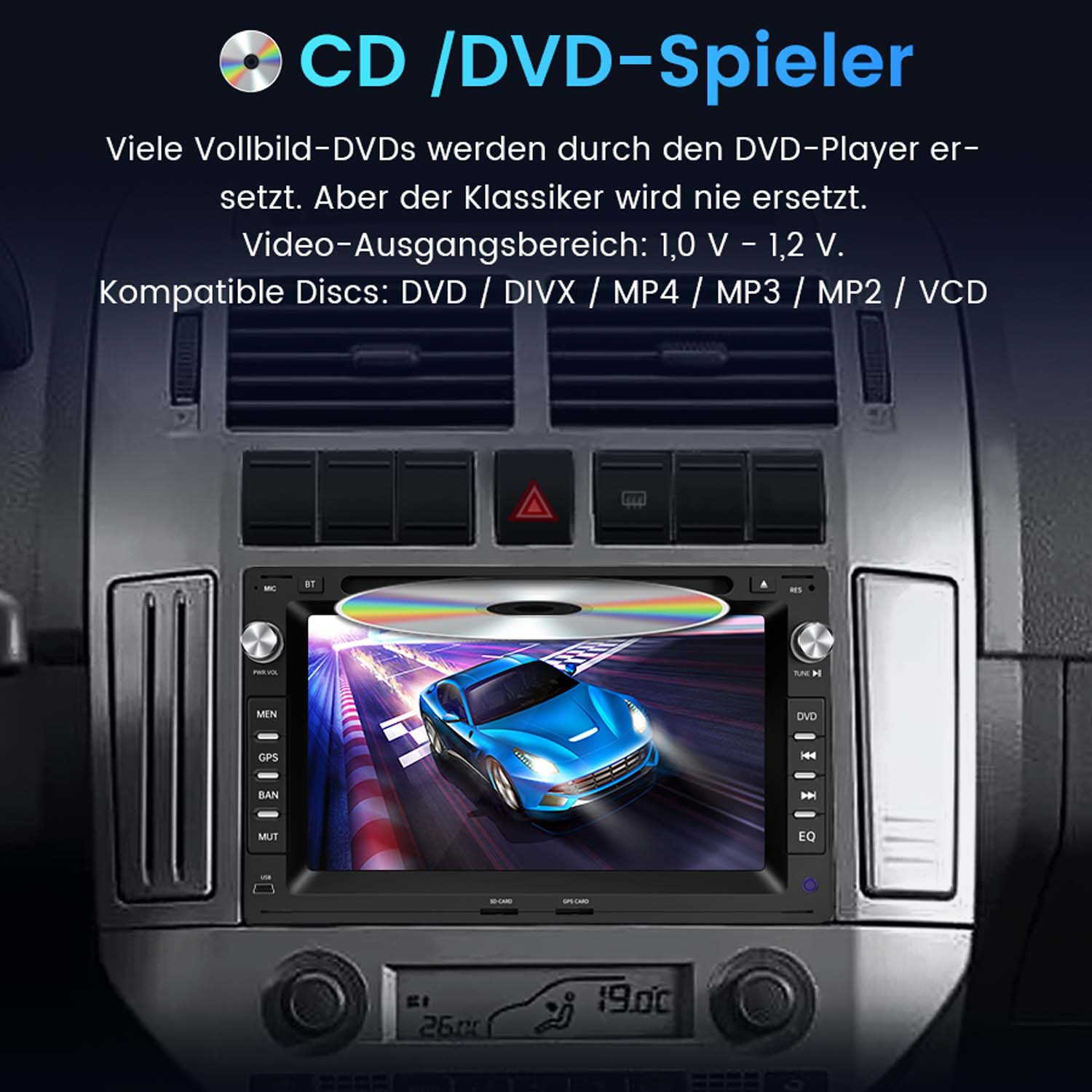Ein Auto-Multimedia-Player mit CD-Schacht zeigt ein blaues Auto auf dem Bildschirm.