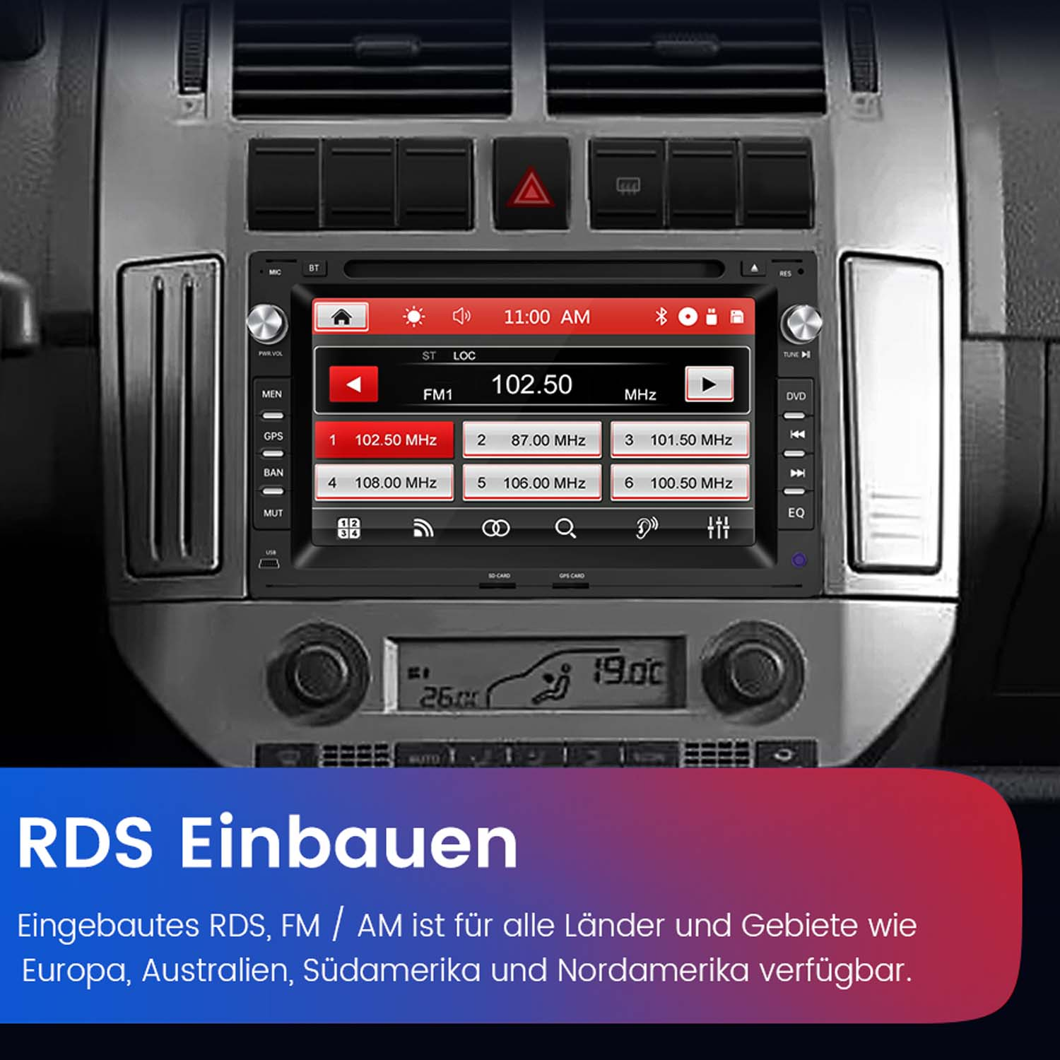 Autoradio mit Touchscreen und RDS, FM/AM-Tuner in einem grauen Armaturenbrett.