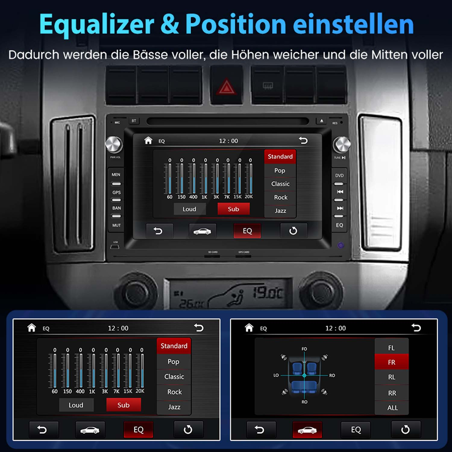 Ein Auto-Armaturenbrett mit einem digitalen Stereo-Bildschirm mit Equalizer-Einstellungen.