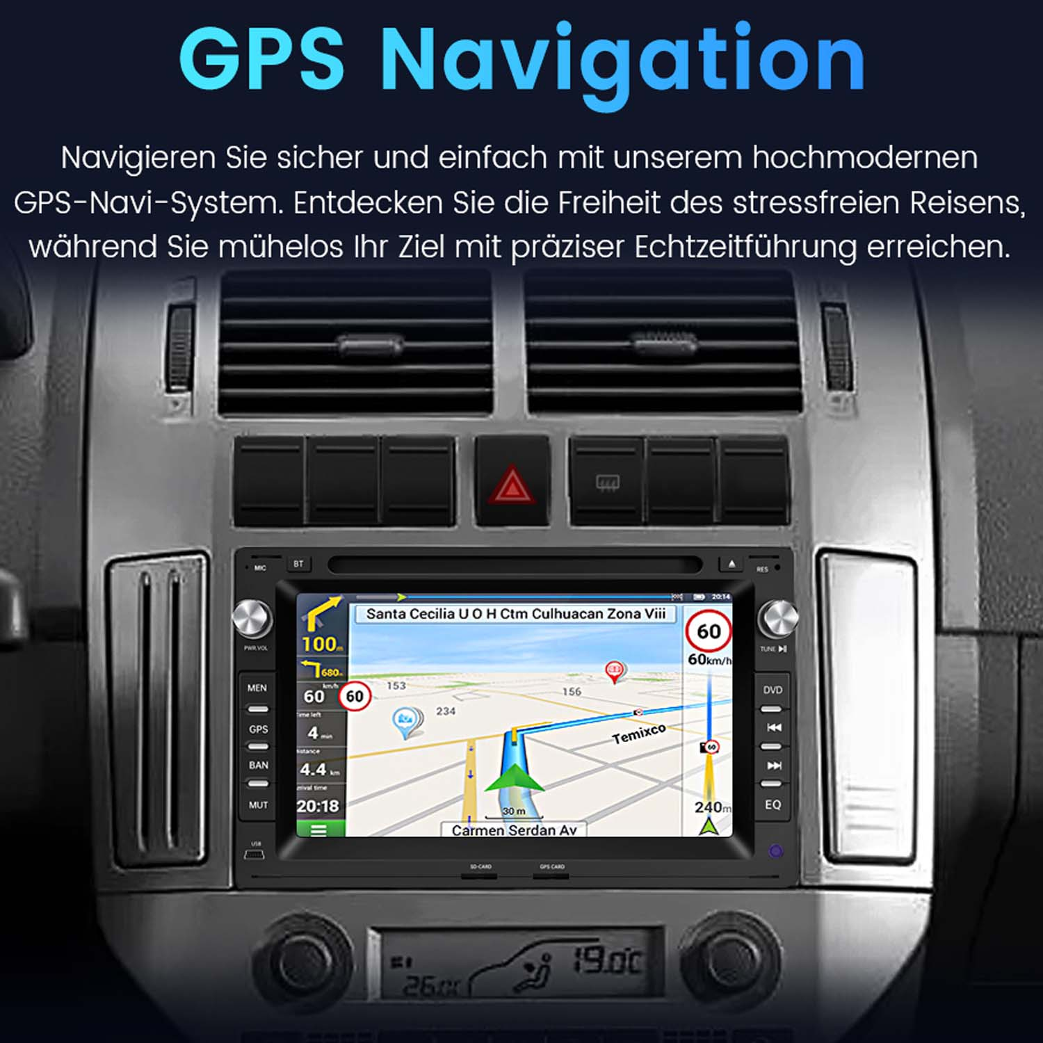 Ein GPS-Navigationssystem in einem Auto zeigt eine digitale Straßenkarte mit Routenführung auf dem Bildschirm.