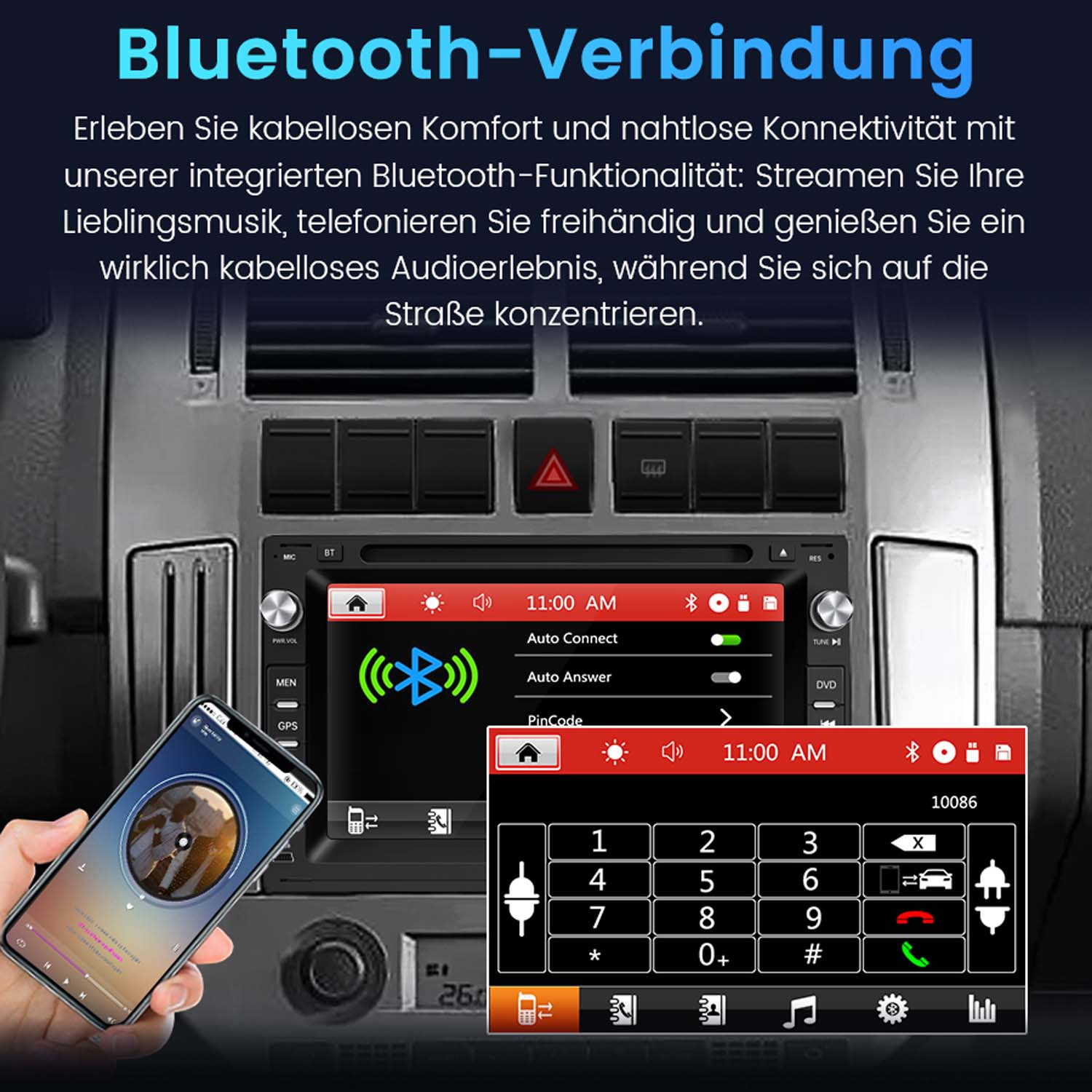 Ein Car-Audio-System mit Bluetooth-Funktion, verbunden mit einem Smartphone zur Musikwiedergabe.