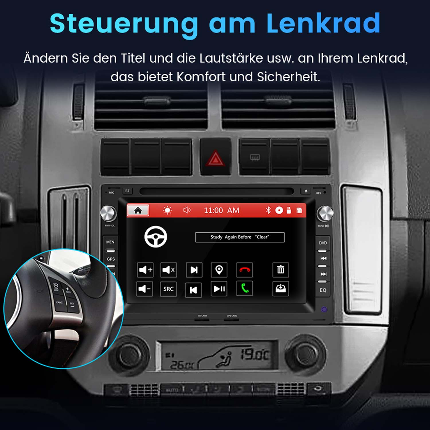 Autoinnenraum mit Multimedia-Bildschirm in der Mittelkonsole und Lenkradfernbedienung im Einsatz.