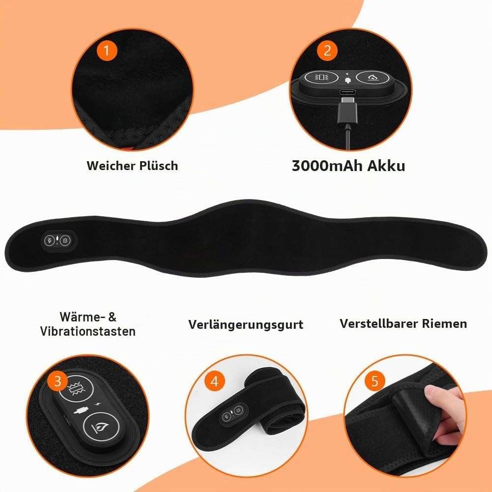 Diagramm zeigt einen schwarzen Wärmegürtel mit Plüsch, Akku, Tasten, Verlängerung und verstellbarem Riemen.