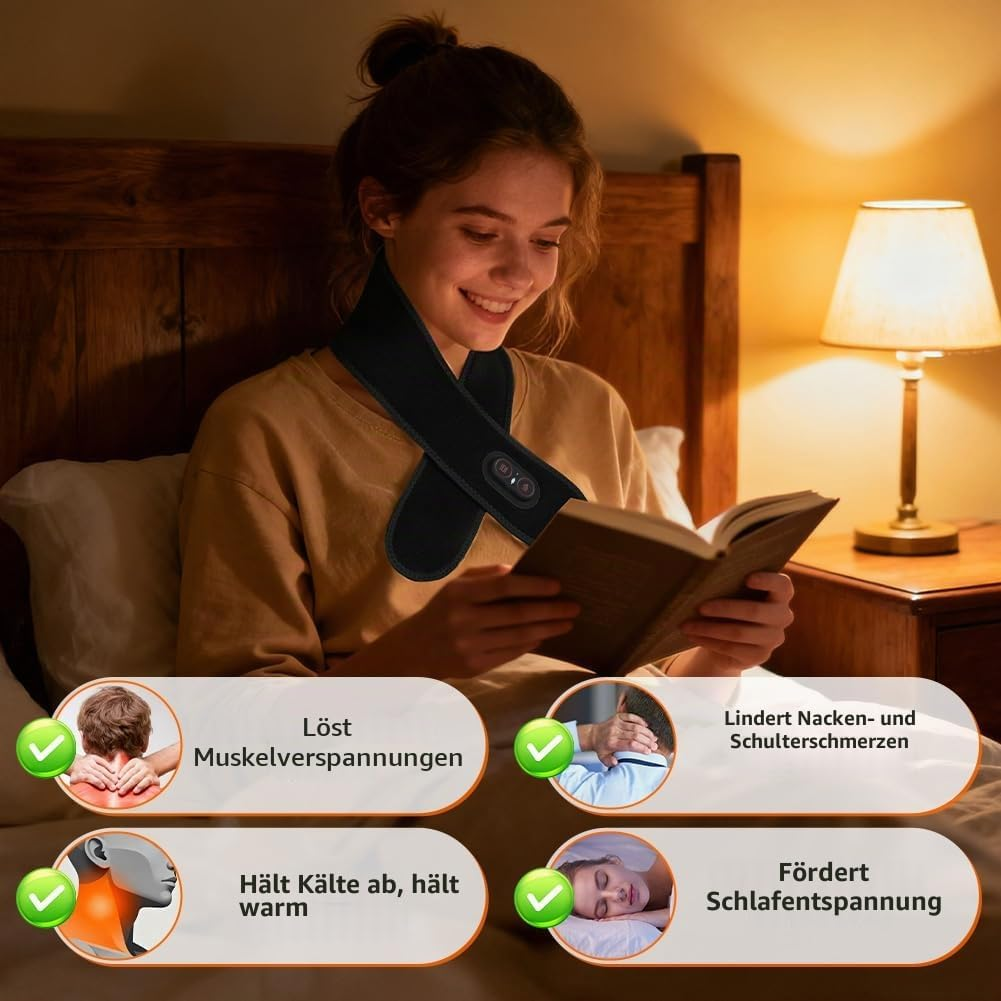 Eine Frau im Bett trägt einen Nackenwärmer, liest ein Buch und lächelt. Vier Infografiken zeigen die Produktvorteile.