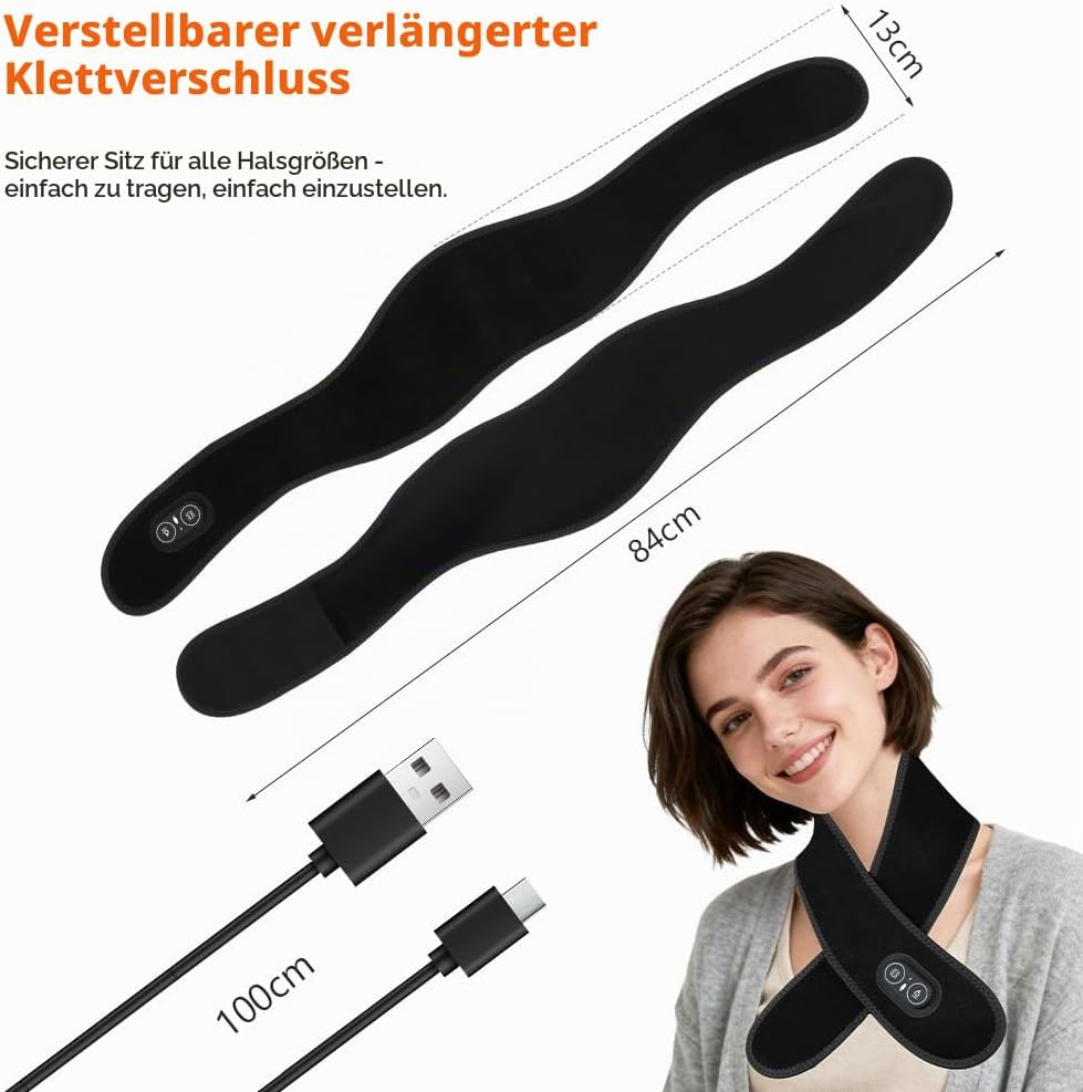 Verstellbarer Klettverschluss, USB-Ladekabel mit 100cm und eine Frau mit dem Heizgurt am Hals.