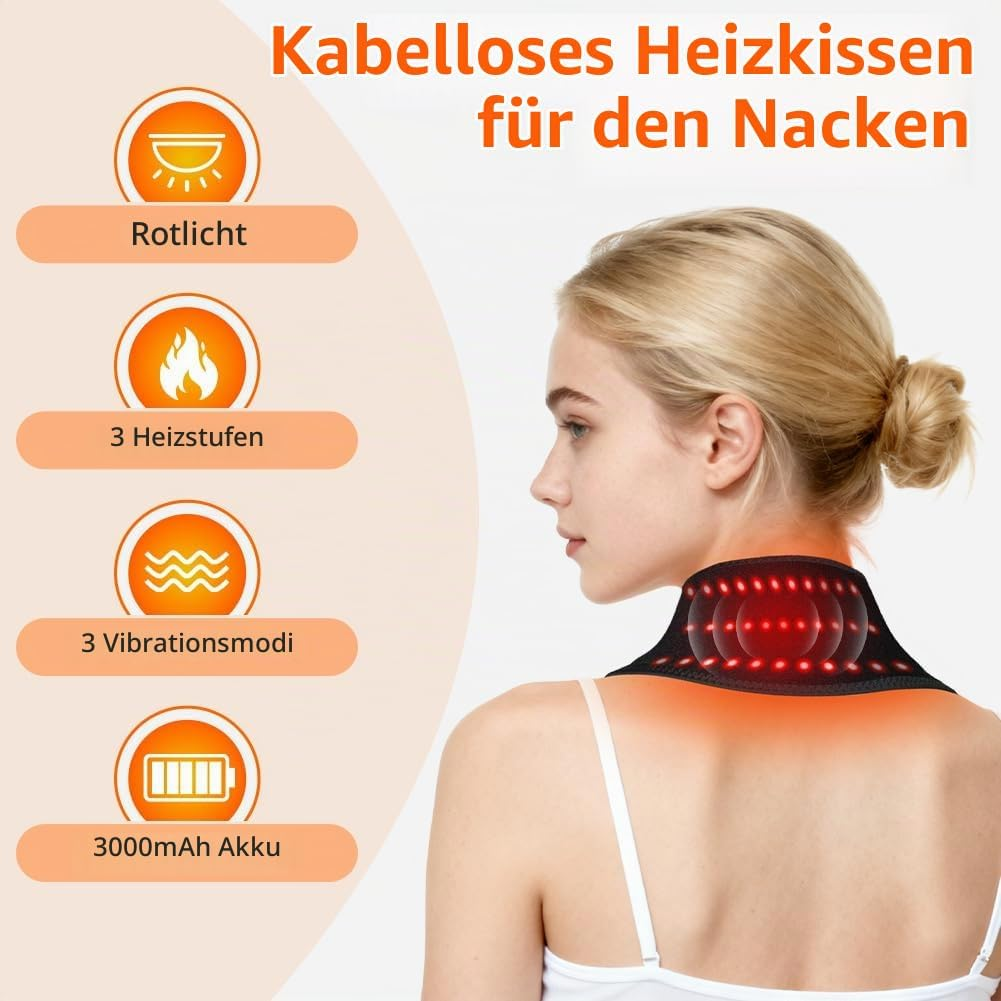 Frau trägt kabelloses Nackenheizkissen mit Rotlicht, Wärmestufen und Vibrationsmodi.