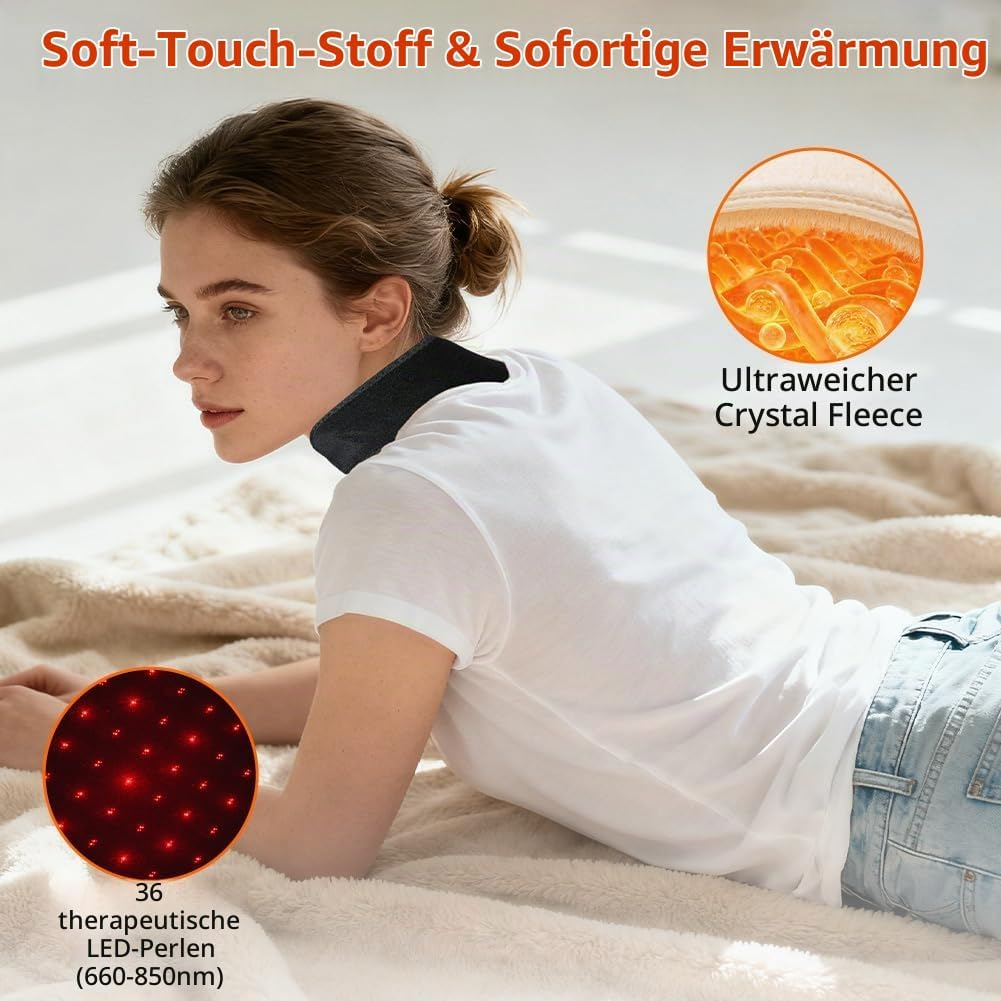 Frau liegt auf einer Decke mit einem schwarzen Nackenwärmer, Detail-Zoom-Inlays zeigen Material und LED-Lichter.