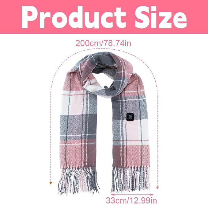 Produktgröße Diagramm zeigt einen rosa, grauen und weißen karierten Schal, 200cm lang.