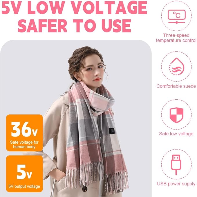 Eine Frau trägt einen rosa-grauen Karo-Schal, umgeben von Werbetexten über Niederspannung und USB-Heizung.