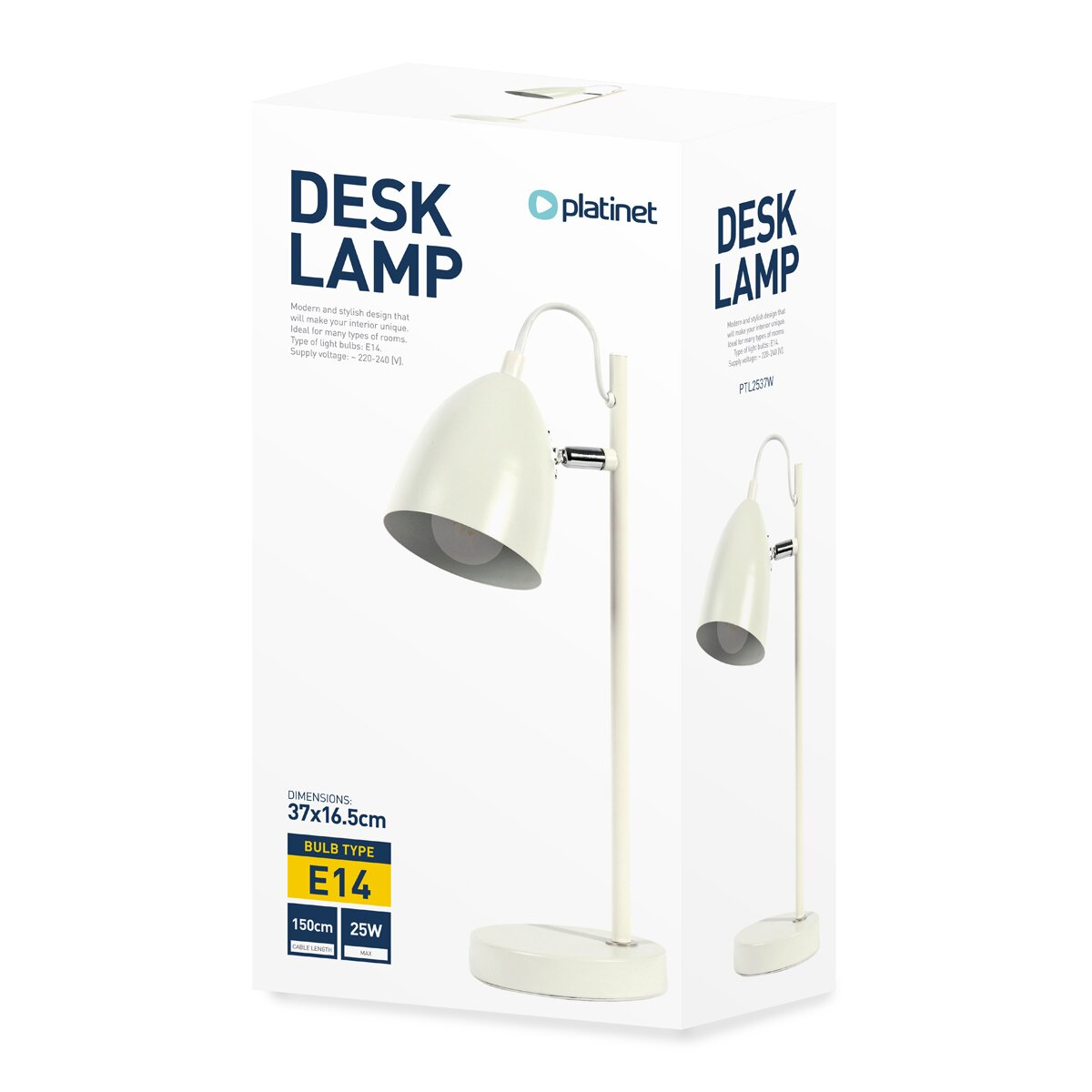 Weiße Schreibtischlampe von Platinet in ihrer bedruckten Produktverpackung.