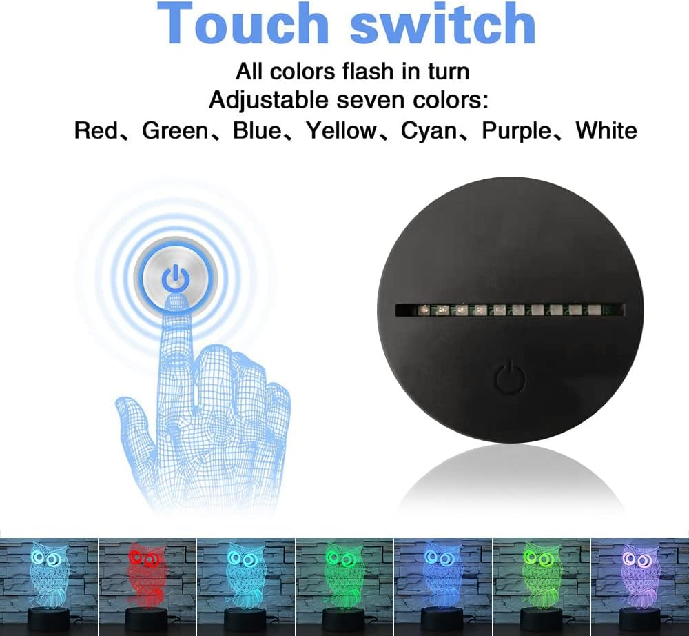 Touch-Schalter mit sieben einstellbaren Farben und Eulen-Beleuchtungsbeispielen.