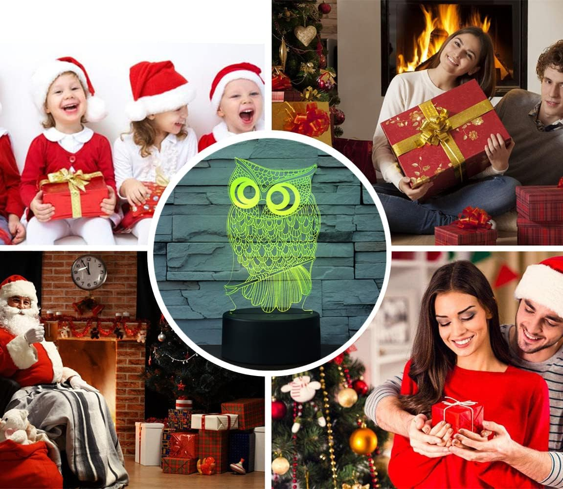 Eine grüne Eulen-LED-Lampe im Zentrum, umgeben von Bildern mit Weihnachtsmotiven.