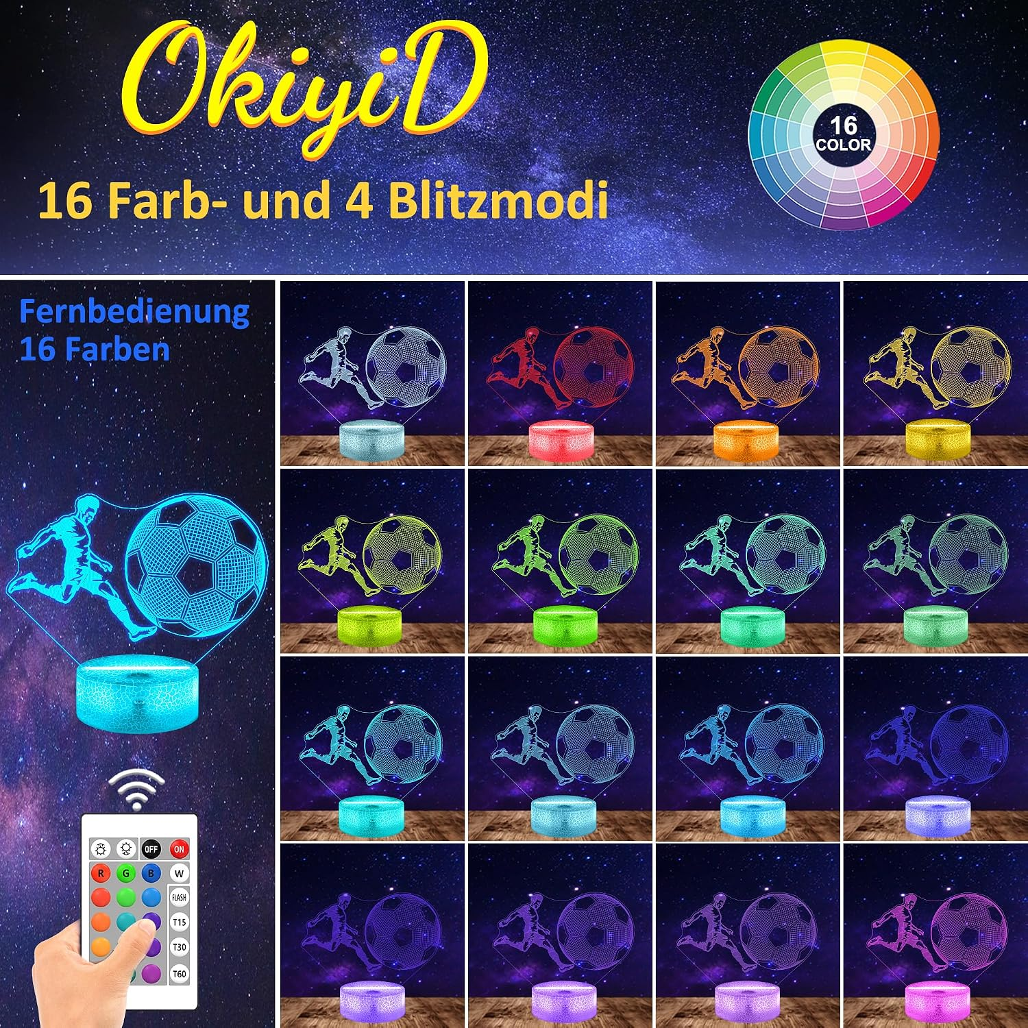 Eine 3D-LED-Fußballlampe mit Spieler und Ball, Fernbedienung und 16 Farboptionen vor sternenklarem Hintergrund.