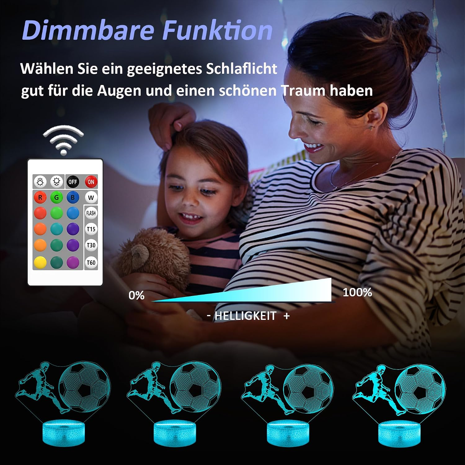 Eine Mutter und Tochter sitzen im Bett mit einer Fernbedienung und einem dimmbaren Fußball-Nachtlicht.