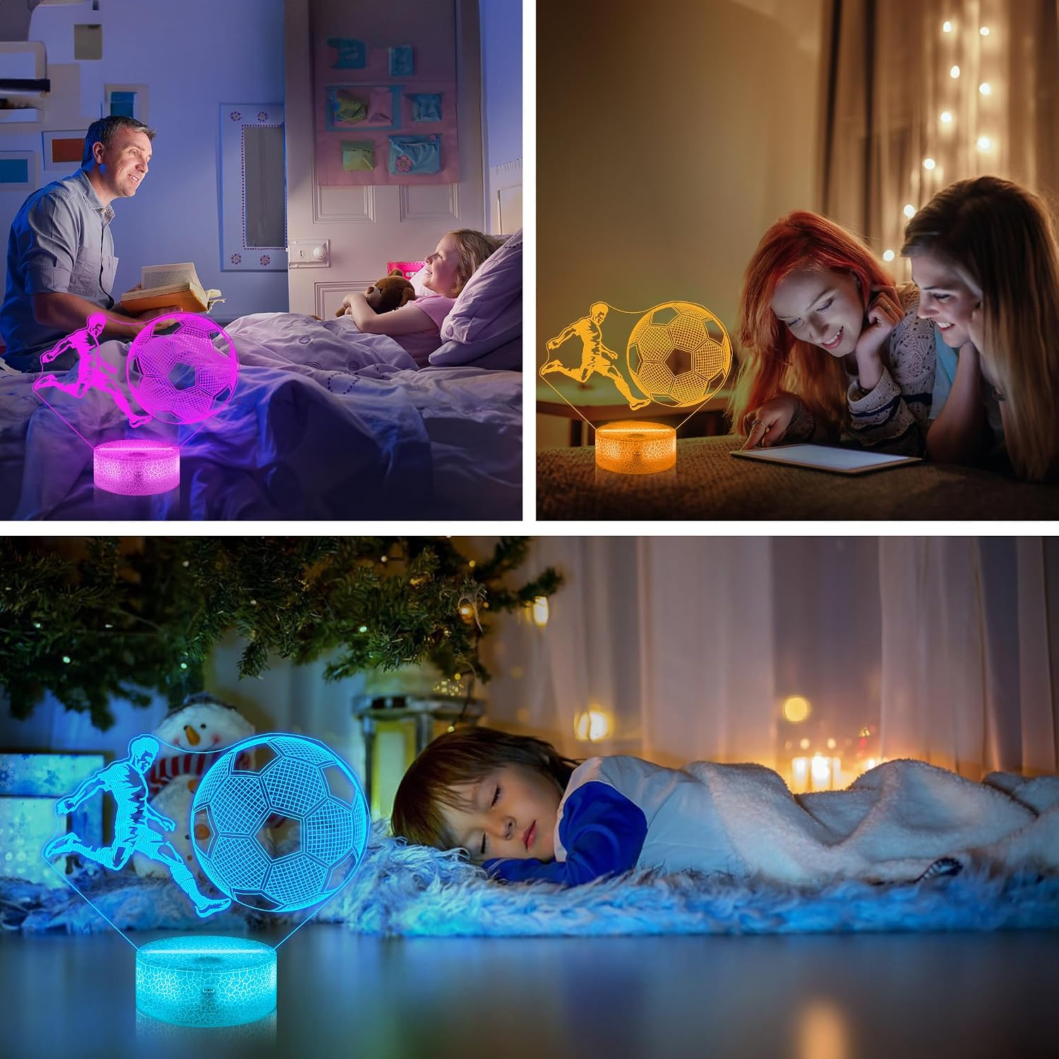 Eine blau leuchtende 3D-Fußball-LED-Lampe steht in einem abgedunkelten Kinderzimmer neben einem schlafenden Kind.
