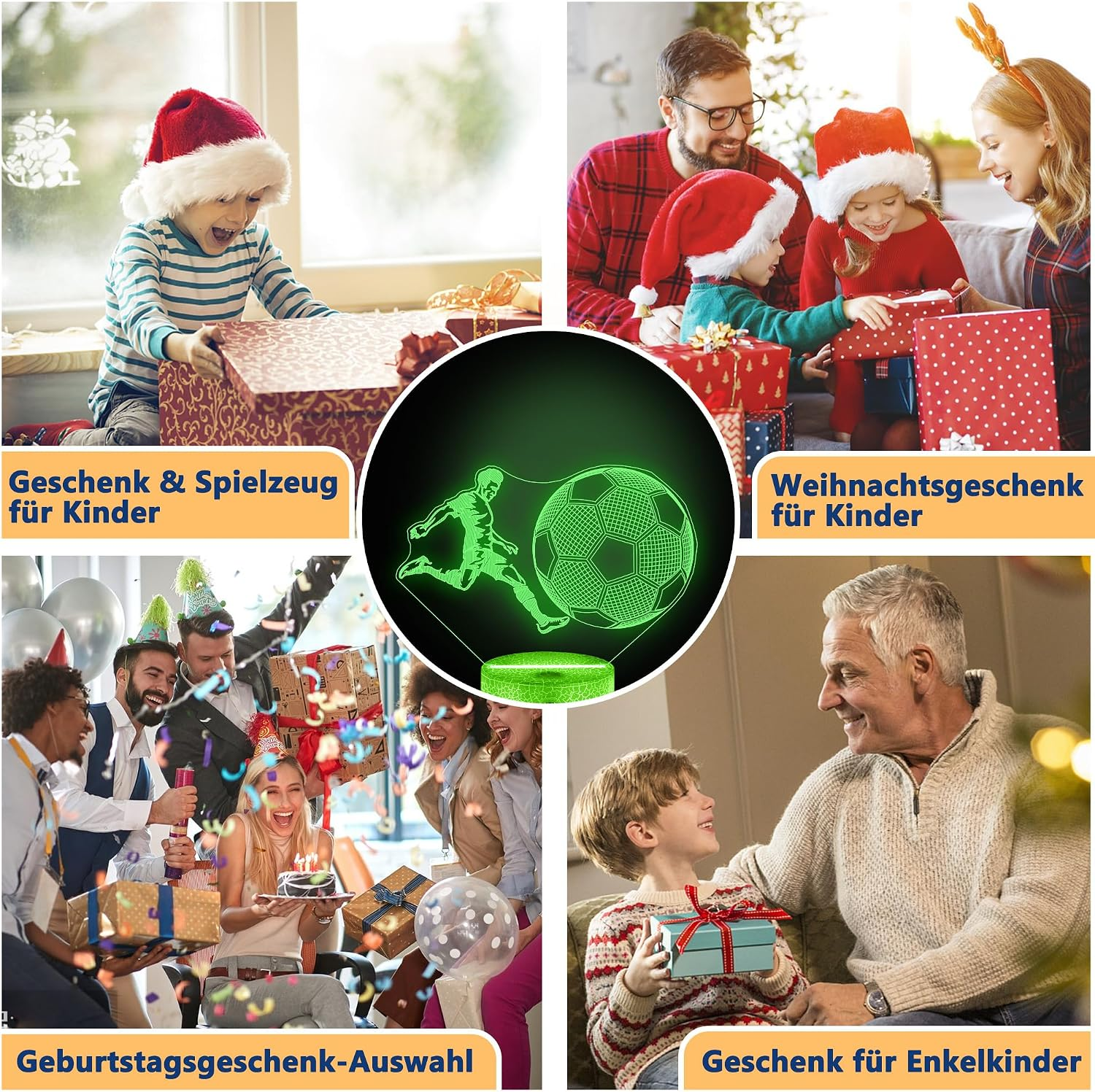 Verschiedene Szenen von Familien beim Geschenkeauspacken und eine grüne Fußball-3D-Lampe in der Mitte.