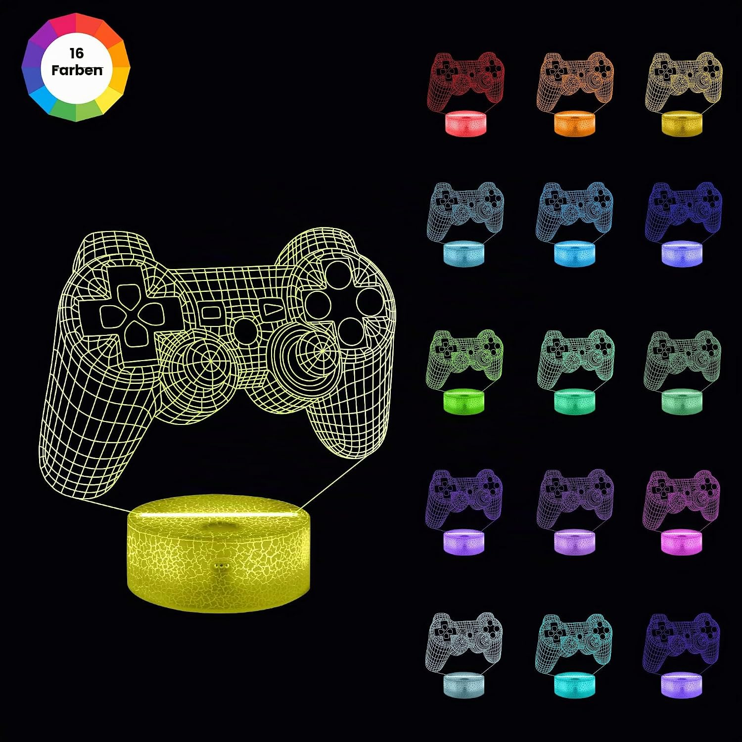 Eine 3D-Illusionstischlampe in Form eines Gamepads mit 15 verschiedenen Farboptionen auf schwarzem Hintergrund.