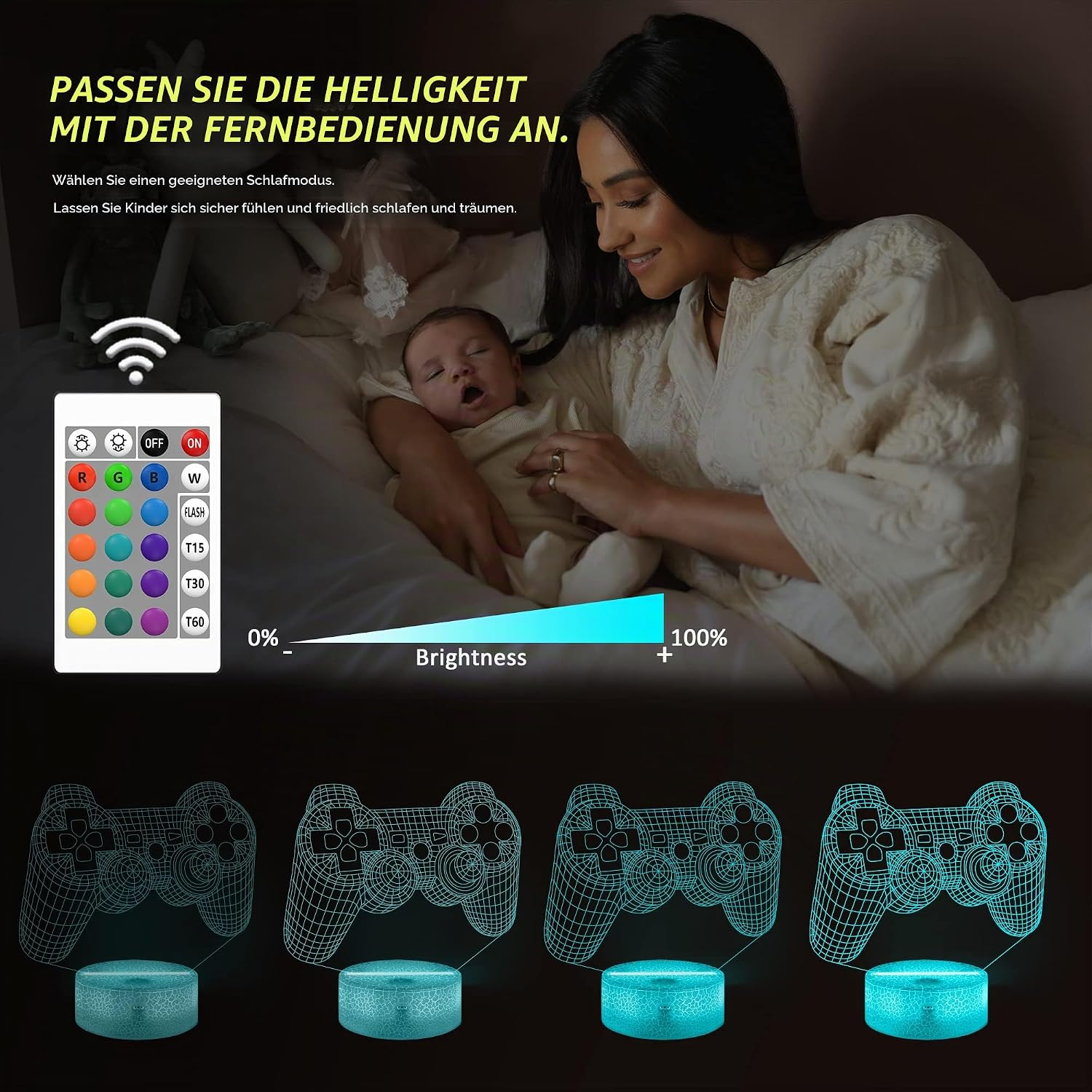 Eine Frau hält ein Baby im Bett, mit Fernbedienung und 3D-Spielcontroller-Nachtlichtern.
