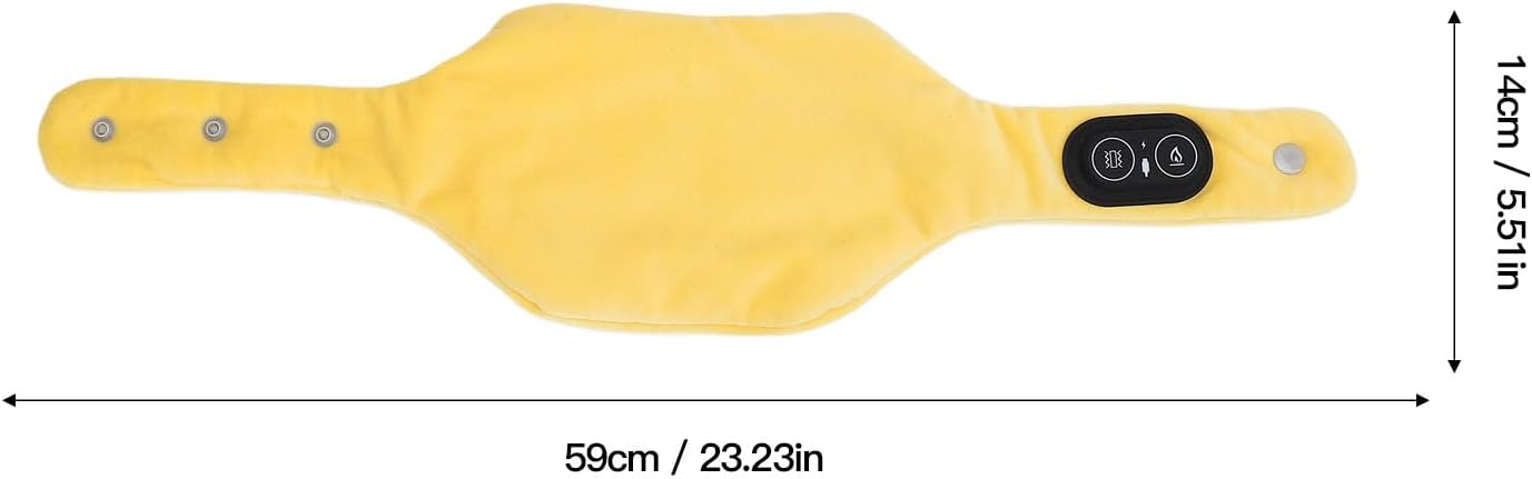 Ein gelber Heizgürtel mit den Maßen 59x14 cm, Bedienfeld und Druckknöpfen auf weißem Hintergrund.