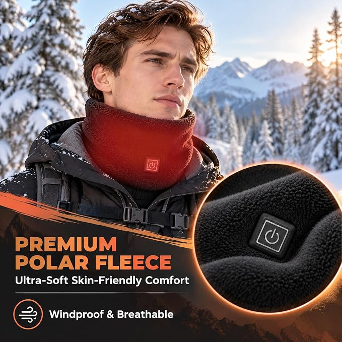 Ein Mann trägt einen roten Fleece-Wärmer in verschneiter Berglandschaft, mit Nahaufnahme des Einschalters.