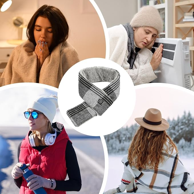Collage von Personen, die sich im Winter mit einem grau-schwarz karierten Schal wärmen.