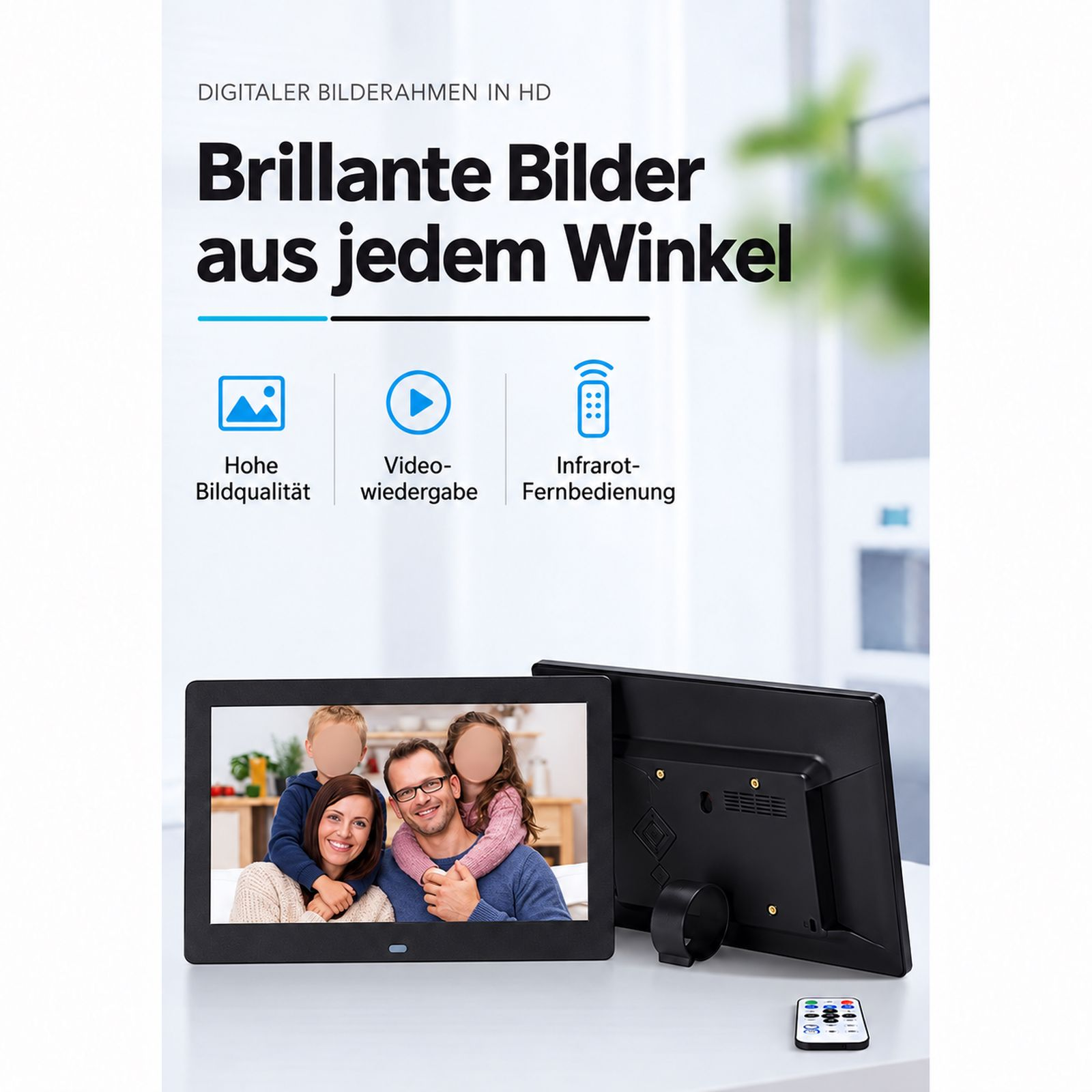 Digitaler Bilderrahmen mit Familie auf dem Bildschirm, Fernbedienung und deutscher Textgrafik.