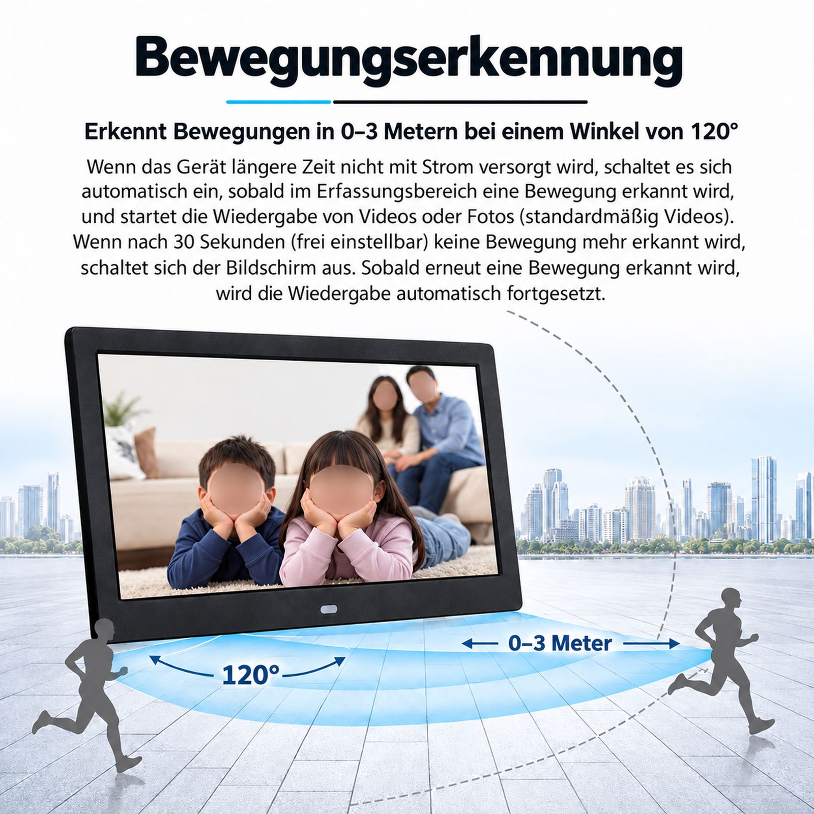 Digitaler Bilderrahmen mit Bewegungserkennung, 120 Grad Winkel und 0 bis 3 Meter Reichweite.