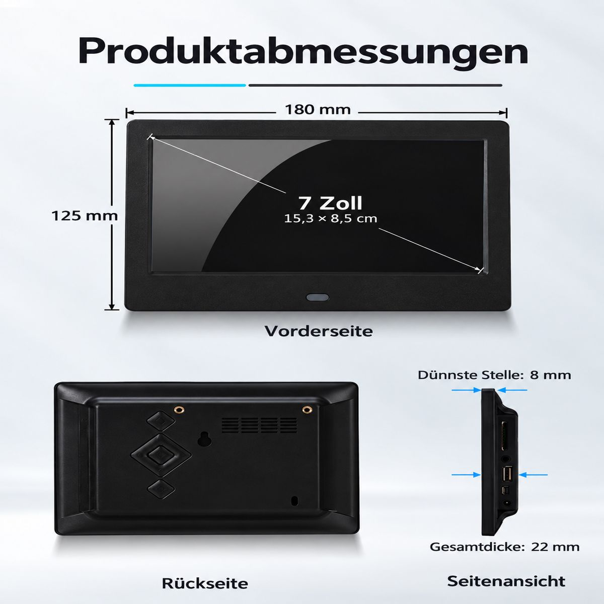 Produktabmessungen eines schwarzen 7-Zoll-Monitors mit Front-, Rück- und Seitenansicht inklusive Maßangaben.